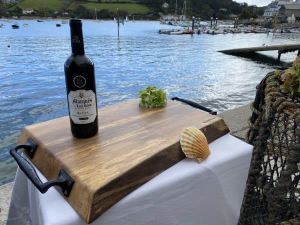 Sycamore chopping board with metal handles, handcrafted by Crystal Woods