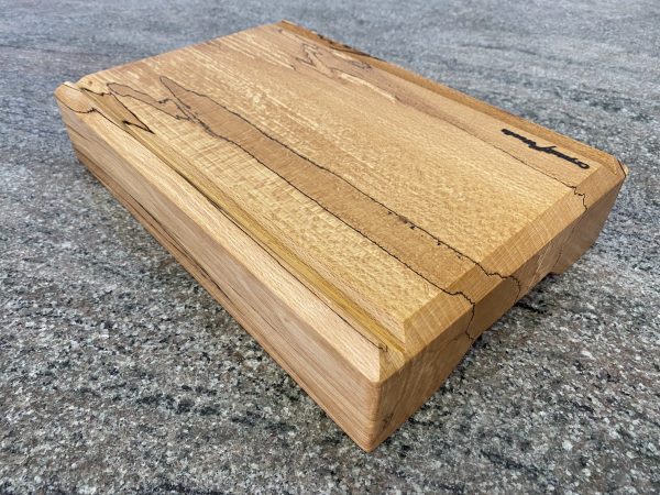 Spalted Beech V-Joint Crumb Groove Chunky Chopping Board – Extra Thick with scolloped bottom for ease of lifting, hand crafted by Crystal Woods, finished in food safe oil, branded with their logo stamp, locally sourced wood from Devon