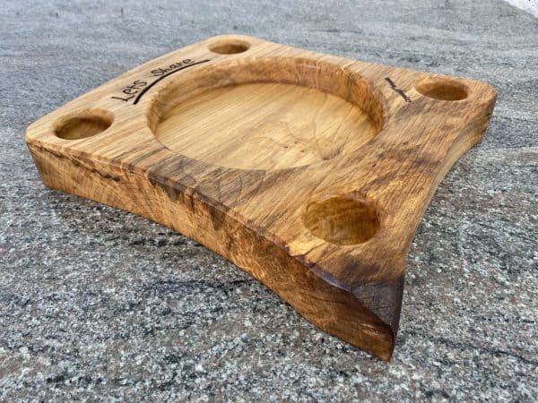 Angle view of this Handmade wooden Sycamore food sharing platter