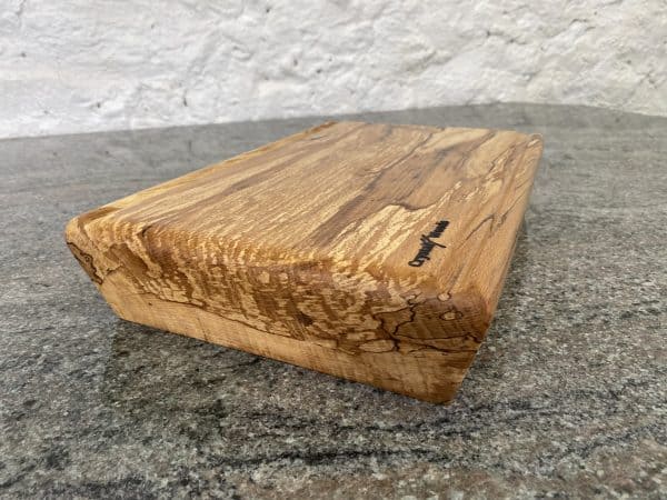 Close up angle view Extra Thick & Chunky Undercut Spalted Beech Chopping Board, created by Crystal Woods from locally sourced wood in Devon, finished in food safe oil, branded with their logo stamp