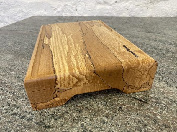 Extra Thick chopping board made from locally sourced English Spalted Beech, with two straight flute crumb grooves, created by Crystal Woods, finished in food safe oil, branded with their logo stamp