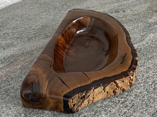 Handmade English Walnut Sculptured Reservoir Bowl with live edge detail, created by Crystal Woods, finished in danish oil, branded with their logo stamp