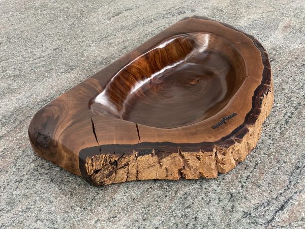 English Walnut Sculptured Reservoir Bowl with live edge detail, created by Crystal Woods, finished in danish oil, branded with their logo stamp