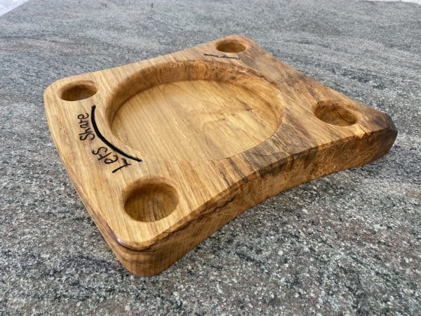 Side view of this Handmade wooden Sycamore food sharing platter