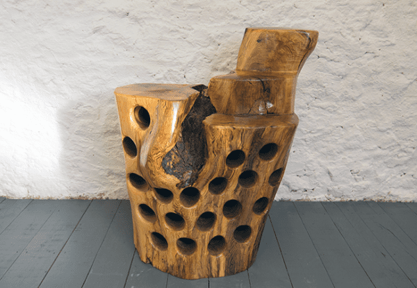 Front on view of a Tree stump driftwood wine rack made from spalted ash with holes for 19 bottles, preserved and finished in multiple coats of oil, handcrafted by Crystal Woods