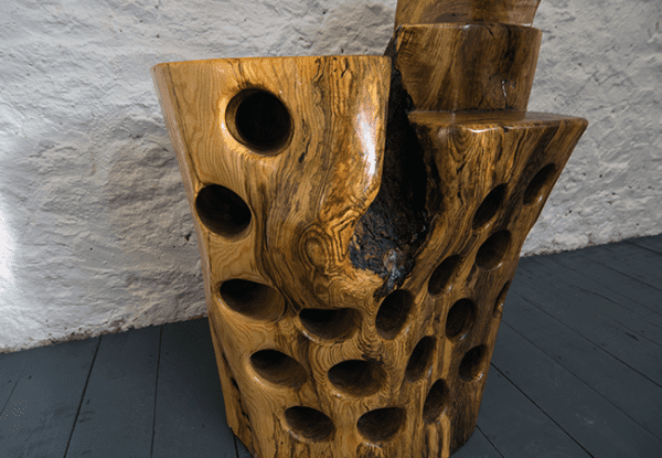 Tree stump driftwood wine rack made from spalted ash with holes for 19 bottles, preserved and finished in multiple coats of oil, handcrafted by Crystal Woods