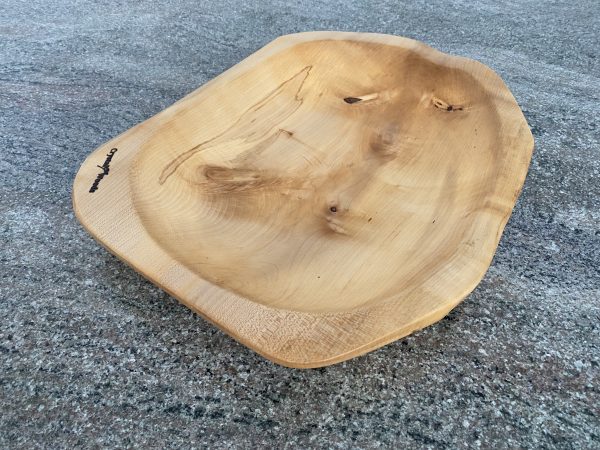 Over view of this Large Sycamore Hand Made Salad Bowl, from locally sourced wood in Devon, produced by Crystal woods and branded with their logo stamp, finished in food safe oil