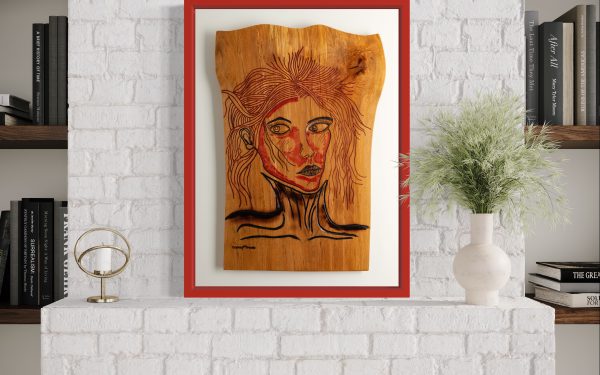 Limited edition Fine Art Giclee Print of the Original Piece – Victim of Fashion, front on view illustrated in a red frame with white background set on a white painted brick wall, the picture symbolises the Delicate Line Between Trendsetter and Conformist.