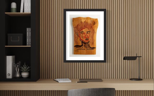 Limited edition Fine Art Giclee Print of the Original Piece – Victim of Fashion, front on view illustrated in a black frame with white background set in a contemporary office setting, the picture symbolises the Delicate Line Between Trendsetter and Conformist.