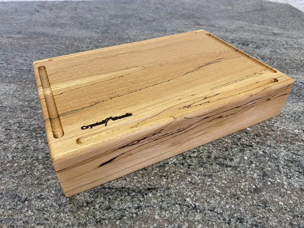 Side view of a Large Chunky Spalted Beech Chopping Board with 4 Crumb Grooves – Extra Thick, from locally sourced wood in Devon, finished in food safe oil, handmade by Crystal Woods