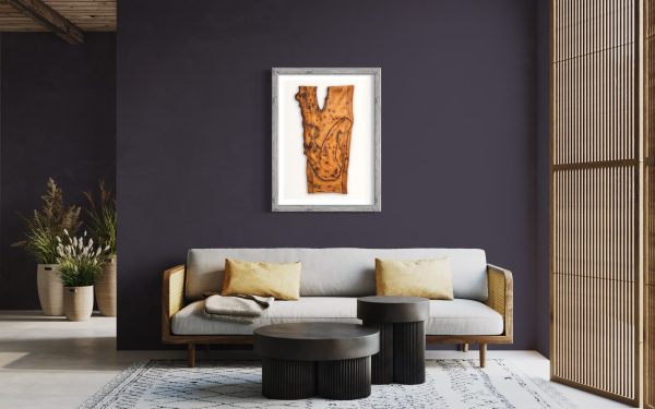 Front on view of this Fine Art Giclee Print of the Original Piece – Mania’s Connectedness, a limited edition run of 100, the picture shows a naked lady illustrating the profound essence of human form in tranquil contemplation and unshakable serenity. Set in a grey wood coloured frame with a white background, set on purple velvet wall, in a continental lounge room setting