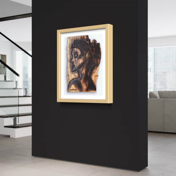 Angled side view of a Fine Art Giclee Print, limited edition of the Original Piece – Alignment and Composure of a Goddess, illustrated in a gold frame with white background set on a black wall with a room setting,