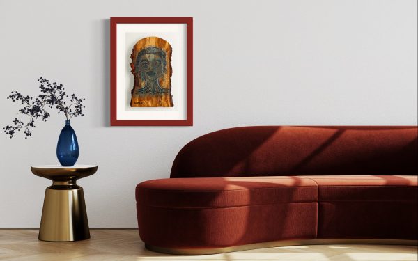 Limited edition Fine Art Giclee Print of the Original Piece titled Mystique, illustrated in a red frame with a white and grey background, set on a pale grey wall with a front on view in a room setting with a red sofa and a side table with elegant blue glass vase