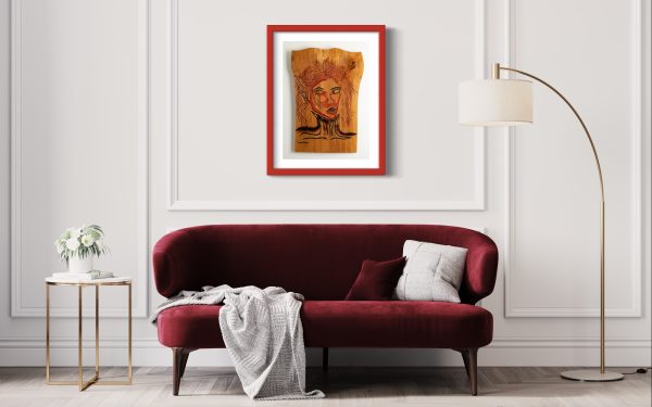 Limited edition Fine Art Giclee Print of the Original Piece – Victim of Fashion, front on view illustrated in a red frame with white background set on a white wall above a dark red velvet sofa, the picture symbolises the Delicate Line Between Trendsetter and Conformist.