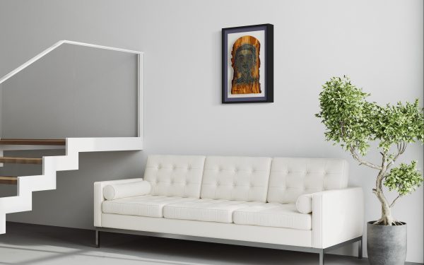 Limited edition Fine Art Giclee Print of the Original Piece titled Mystique, illustrated in a black frame with a purple and white background, set on a white wall at an angled side view in a room setting and above a white leather contemporary sofa