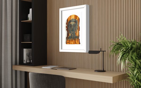 Limited edition Fine Art Giclee Print of the Original Piece titled Mystique, shown in an office setting, illustrated in a white frame with white background at an angled side view