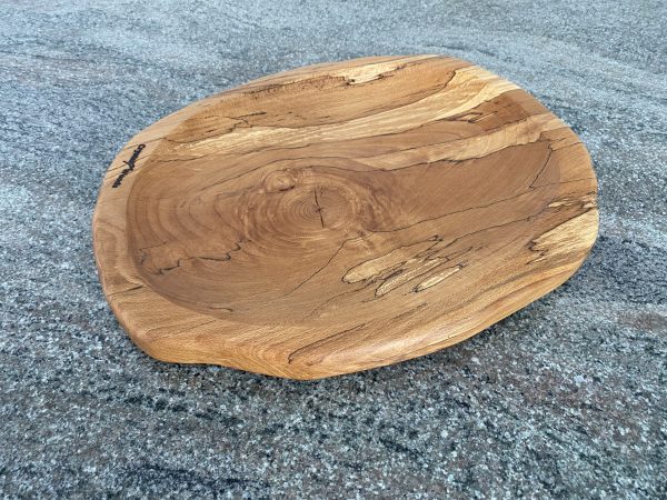 Birds eye view of this Large Spalted Beech Food Platter, finished in food safe oil, from locally sourced wood in Devon, handcrafted by Crystal Woods and branded with their logo stamp