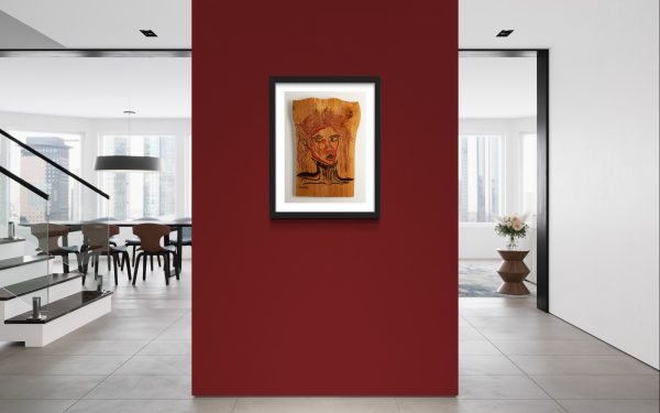 Limited edition Fine Art Giclee Print of the Original Piece – Victim of Fashion, front on view illustrated in a black frame with white background set on a rich red wall in a contemporary room setting, the picture symbolises the Delicate Line Between Trendsetter and Conformist.