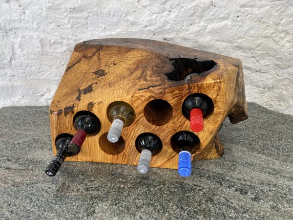 Wooden 8 bottle english spalted ash wine rack, handcrafted by Crystal Woods, finished in oil and branded with their logo stamp