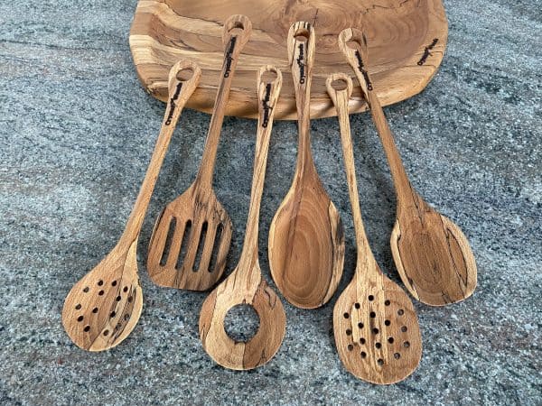 A Luxury Set of 6 Spalted Beech wooden serving spoons, handcrafted by Crystal Woods from locally sourced wood in Devon, finished in food safe oil