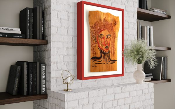 Limited edition Fine Art Giclee Print of the Original Piece – Victim of Fashion, left side angled view illustrated in a red frame with white background set on a white painted brick wall, the picture symbolises the Delicate Line Between Trendsetter and Conformist.