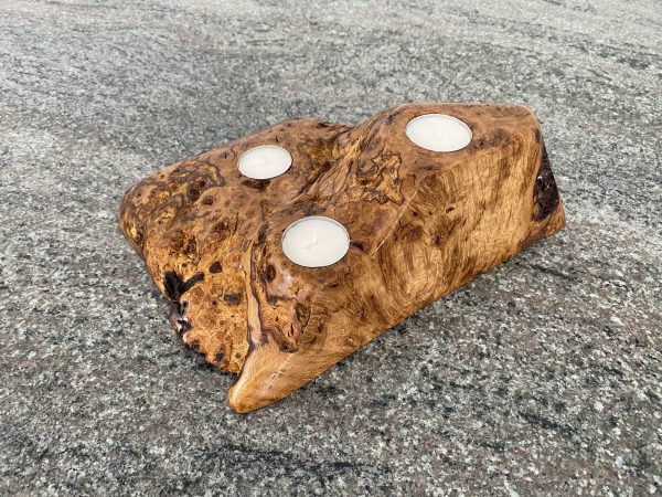 English burr oak tea light holder displaying 3 small candles, made from locally sourced wood in Devon