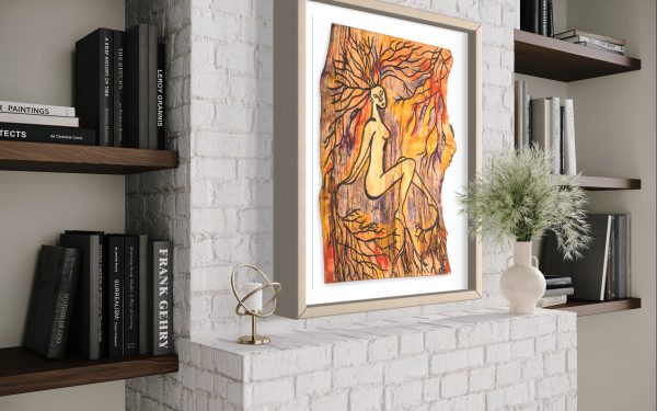 Fine Art Giclee print, limited edition, titled Rooted, illustrated in a pale gold frame with a white back on an off-white painted brick wall in a room setting, the picture shows a naked female connected to the roots of the forest by her hands, feet and hair