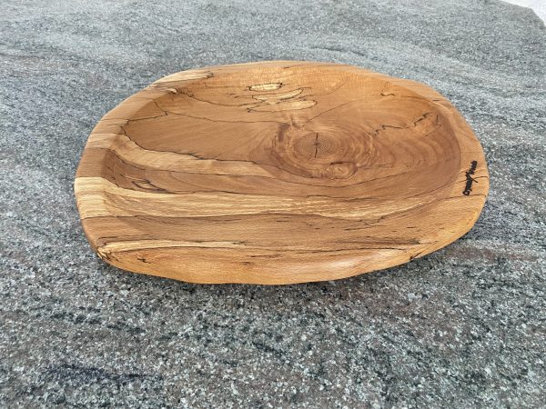 Overview of this Large Spalted Beech Food Platter, finished in food safe oil, from locally sourced wood in Devon, handcrafted by Crystal Woods and branded with their logo stamp