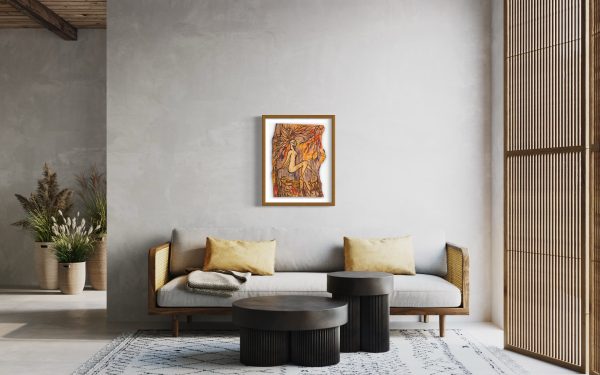 Close up view of this Fine Art Giclee print, limited edition, titled Rooted, illustrated in a medium brown colour frame with a white back on a pale grey wall in a modern continental room setting, the picture shows a naked female connected to the roots of the forest by her hands, feet and hair