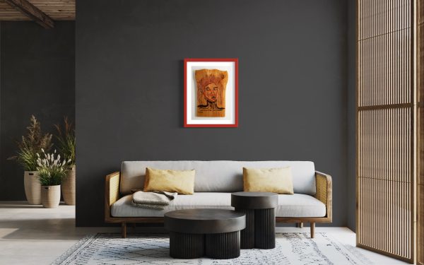 Limited edition Fine Art Giclee Print of the Original Piece – Victim of Fashion, front on view illustrated in a red frame with white background set on a charcoal grey wall in a contemporary room setting, the picture symbolises the Delicate Line Between Trendsetter and Conformist.