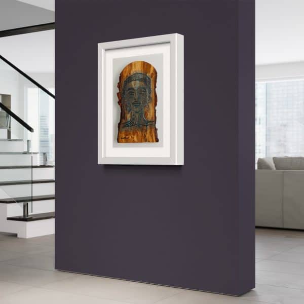 Limited edition Fine Art Giclee Print of the Original Piece titled Mystique, illustrated in a light silver frame with a white and grey background, set on a purple wall at an angled side view in a room setting