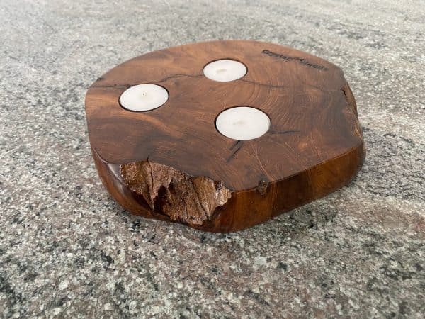 Small elegant slab of Indonesian Teak with 3 tea lights finished in Danish oil