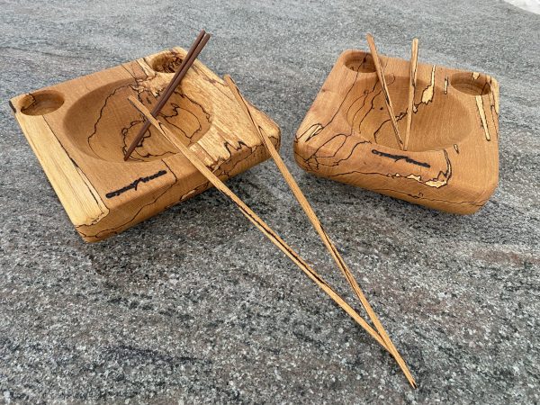 A pair of continental food bowls with 3 sets of chopsticks, bowls and 2 sets of chopsticks made from Spalted Beech and 1 set of chopsticks made from American Black Walnut