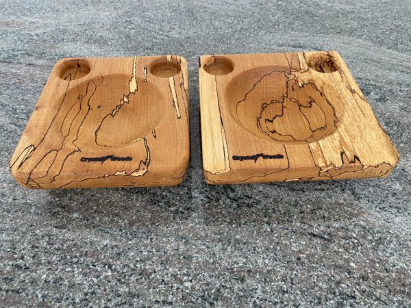 A pair of hand made food bowls side by side in Spalted Beech locally sourced in Devon, finished in food safe oil