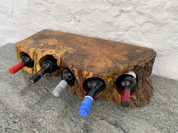 Rare and exquisite 5 Bottle Spalted English Walnut Wine Rack, displaying the bottles in the inserted holes