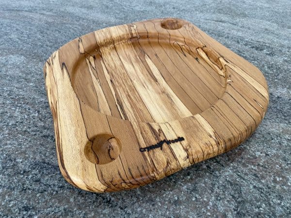 Spalted Beech food sharing platter with Two spherical dip holes and finished in food safe oil, hand crafted by Crystal Woods