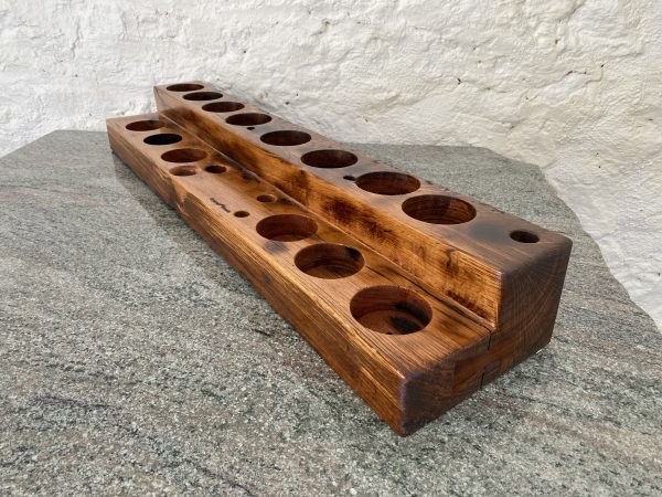 Angled view of a French Oak reclaimed railway sleeper mini bar and wine rack