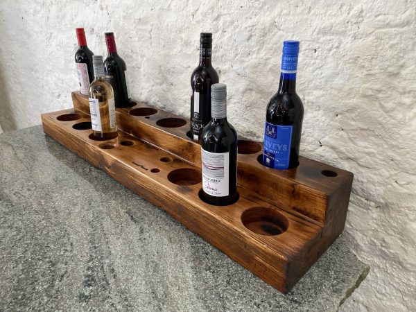A surface display mini bar / wine rack handcrafted from a reclaimed railway sleeper in French Oak