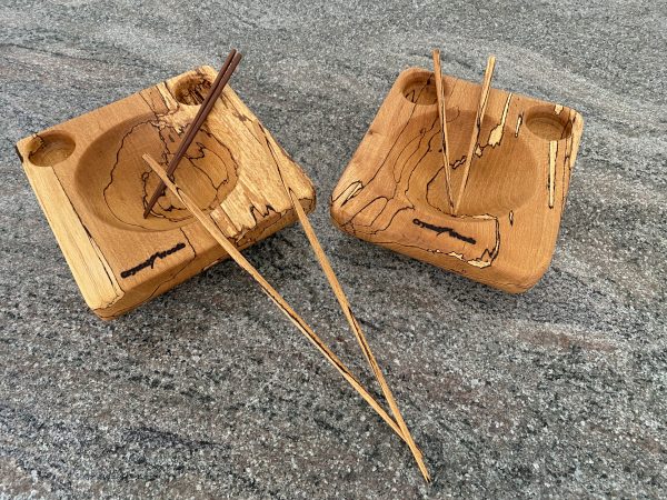 A pair of hand carved continental food bowls from locally sourced English Spalted Beech with complimentary chopsticks