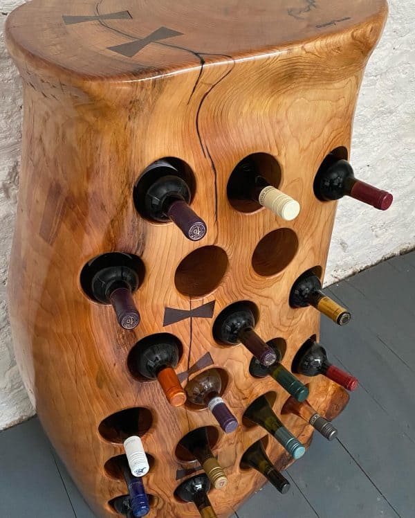 Downward looking view of this one of a kind 20 Bottle Lebanese Cedar Wine Rack also displaying the wine bottles in it