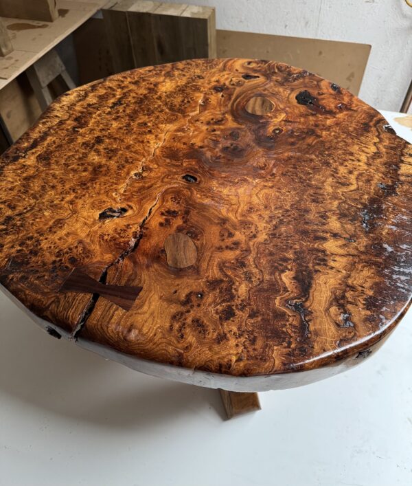 English burr oak coffee table with walnut inlays