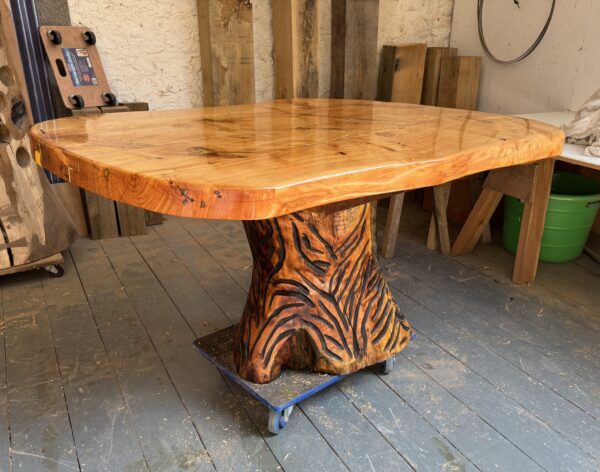 Large garden or conservatory table made from Macrocarpa with live edge detail