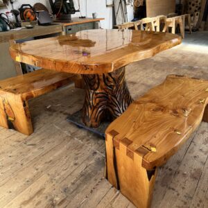 Bespoke set of live edge garden table and benches
