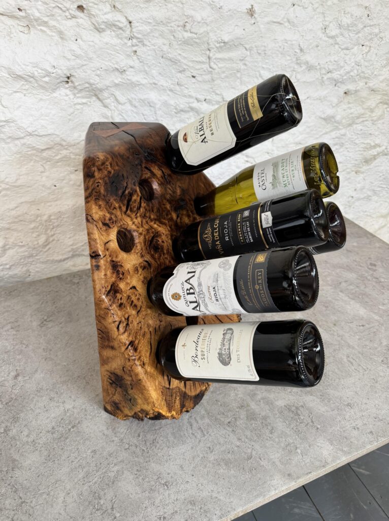 10 Bottle English Burr Oak Countertop Wine Holder Side view with bottles